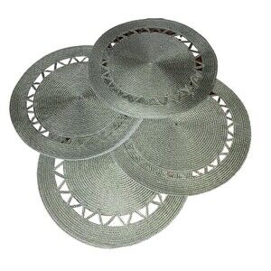 Rattan Straw Round Placemats 15” Set (4) Concentric Weave Dark Green Zigzag Trim